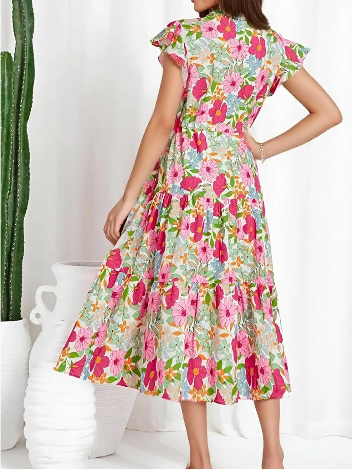 Summer Dresses for Women 2025 V Neck Cap Sleeve Floral Ruffle Maxi Dress Tiered Flowy Boho Midi Dresses with Pockets