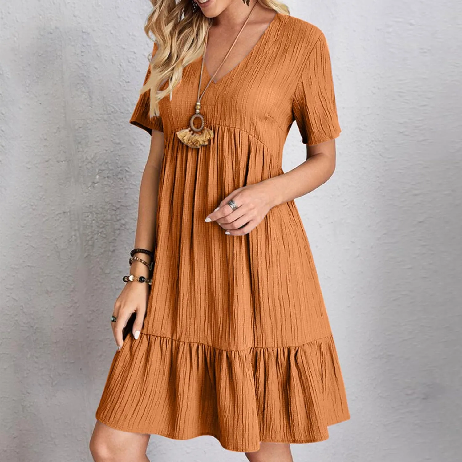 Summer Dresses for Women Short Sleeve V Neck Vacation T Shirt Dress Ruffle Pleated Flowy Beach Sundresses