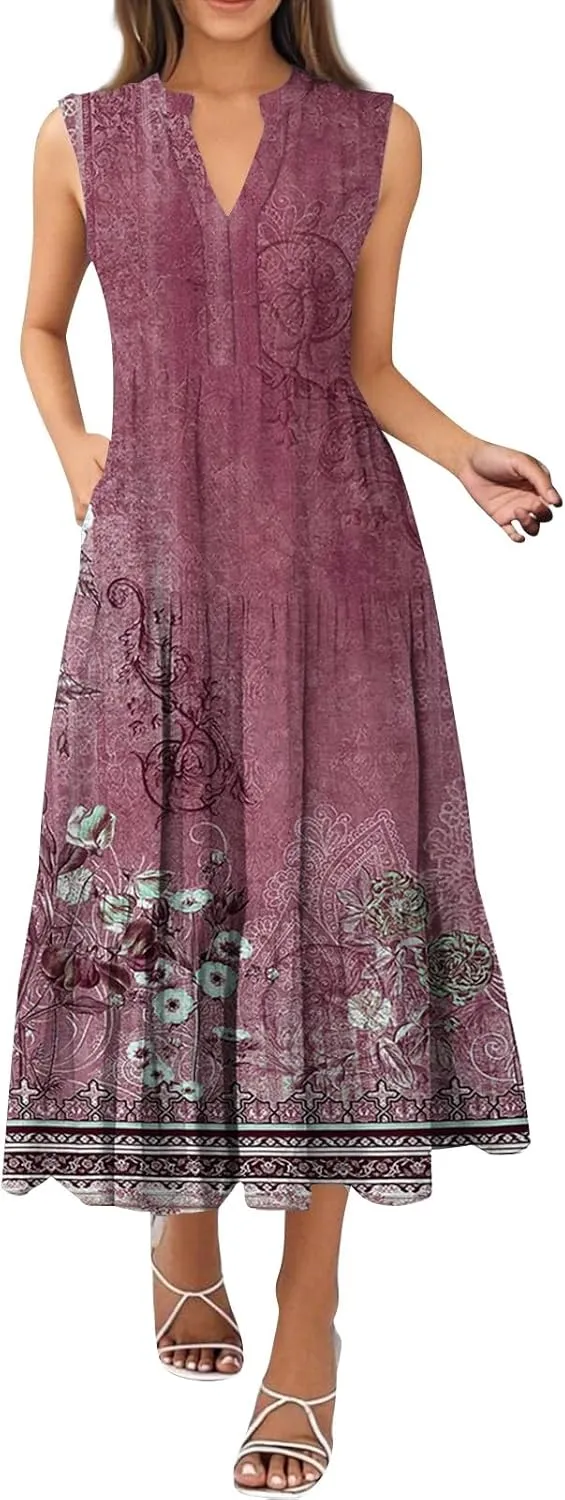 Summer Dresses for Women Sleeveless V Neck Sundresses High Wasited Print Soft Loose Casual Flowy Dress with Pocket