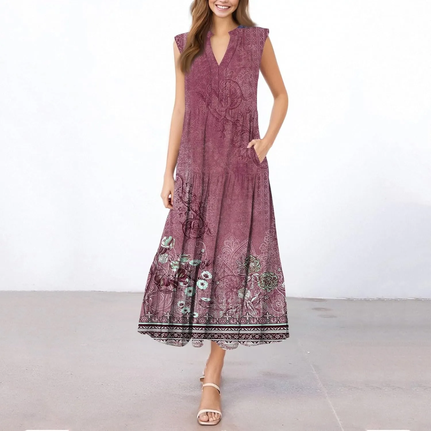 Summer Dresses for Women Sleeveless V Neck Sundresses High Wasited Print Soft Loose Casual Flowy Dress with Pocket