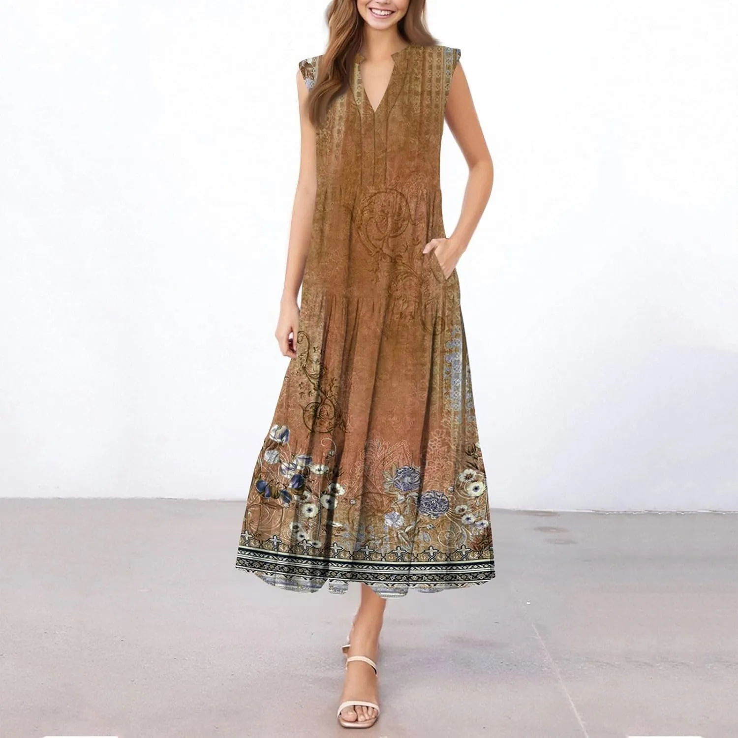 Summer Dresses for Women Sleeveless V Neck Sundresses High Wasited Print Soft Loose Casual Flowy Dress with Pocket