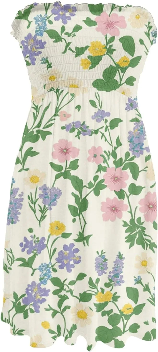 Summer Dresses for Women Strapless Casual Mini Beach Cover Ups Tube Top Boho Floral Print Sundress