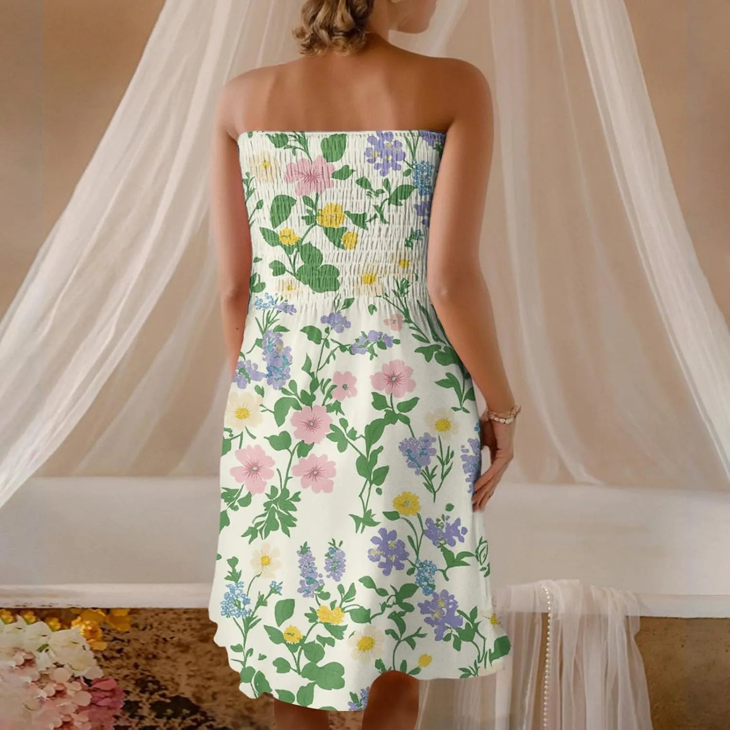 Summer Dresses for Women Strapless Casual Mini Beach Cover Ups Tube Top Boho Floral Print Sundress