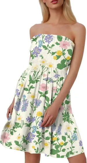 Summer Dresses for Women Strapless Casual Mini Beach Cover Ups Tube Top Boho Floral Print Sundress