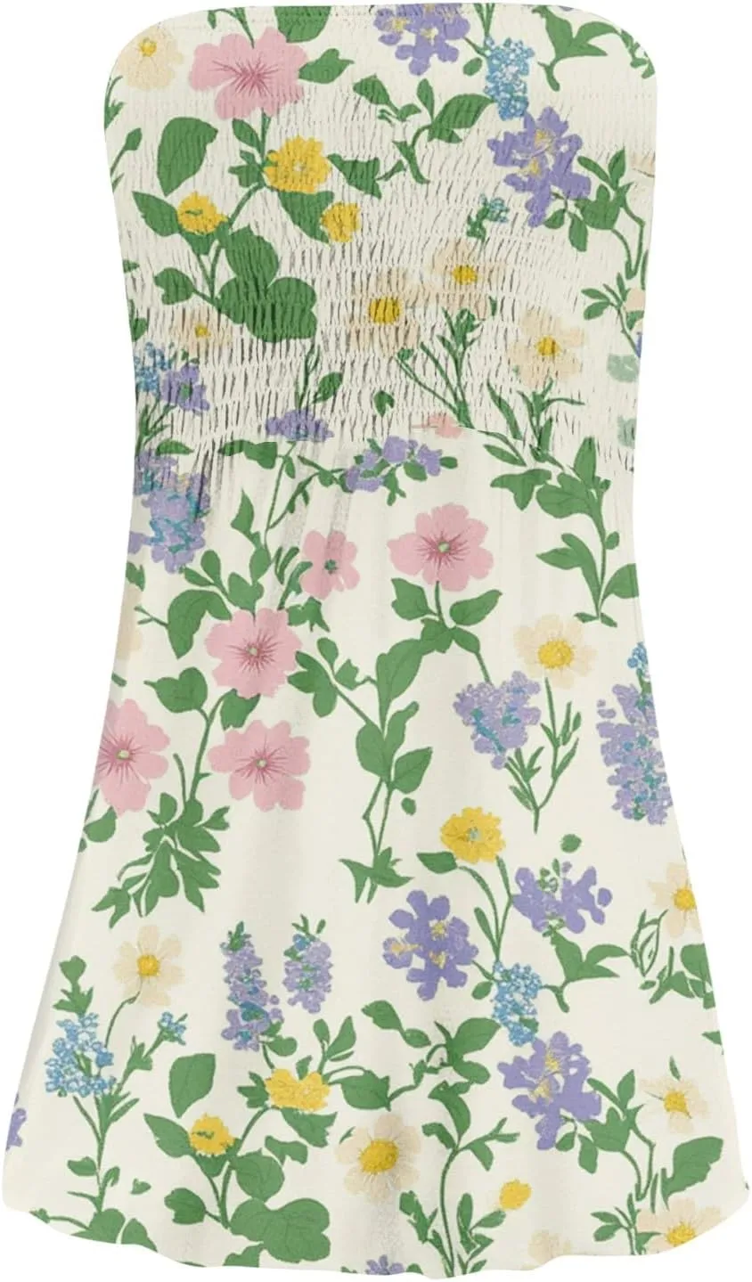 Summer Dresses for Women Strapless Casual Mini Beach Cover Ups Tube Top Boho Floral Print Sundress
