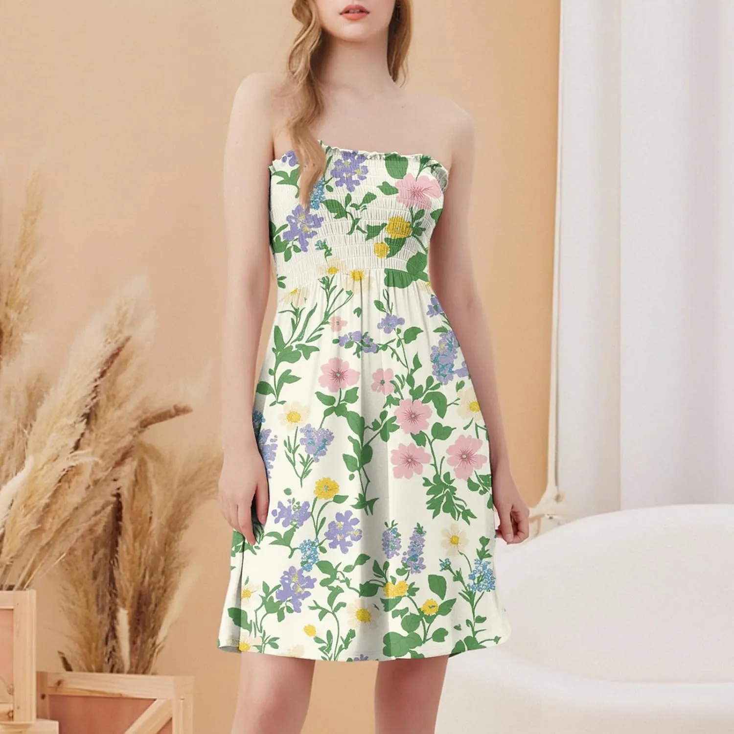 Summer Dresses for Women Strapless Casual Mini Beach Cover Ups Tube Top Boho Floral Print Sundress