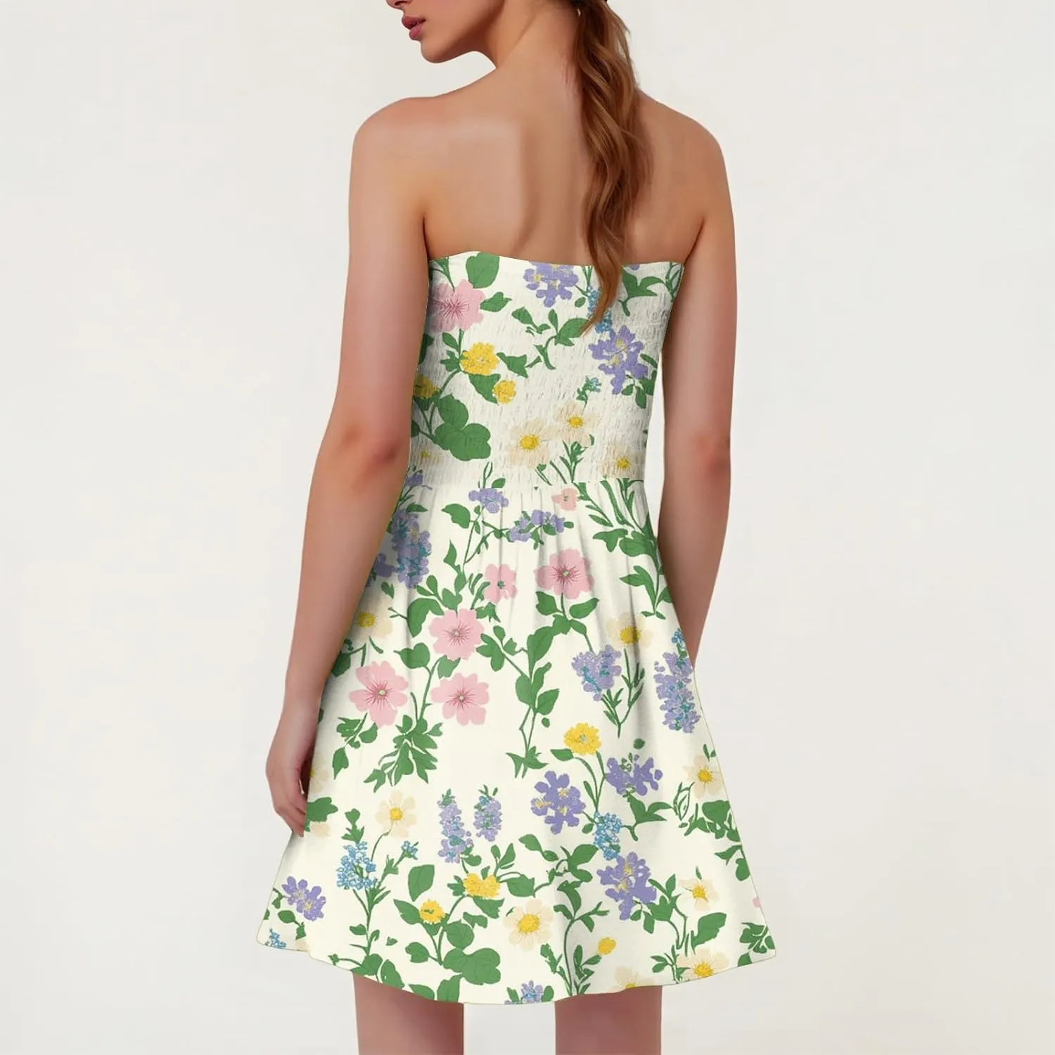 Summer Dresses for Women Strapless Casual Mini Beach Cover Ups Tube Top Boho Floral Print Sundress