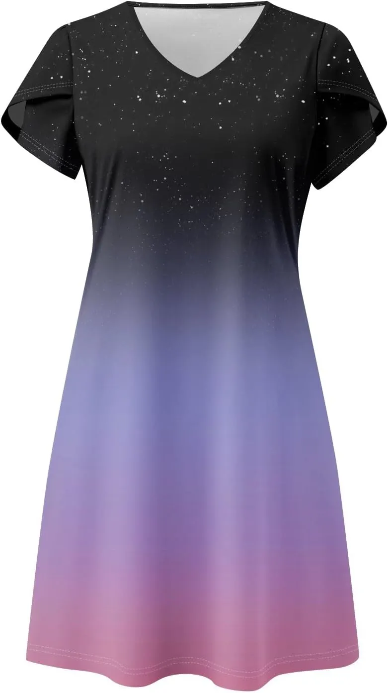 Summer Dresses for Women Summer Midi Boho Hawaiian Sundresses Short Sleeve V Neck Summer Beach Vacation Flowy Dress
