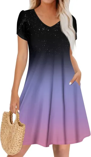 Summer Dresses for Women Summer Midi Boho Hawaiian Sundresses Short Sleeve V Neck Summer Beach Vacation Flowy Dress