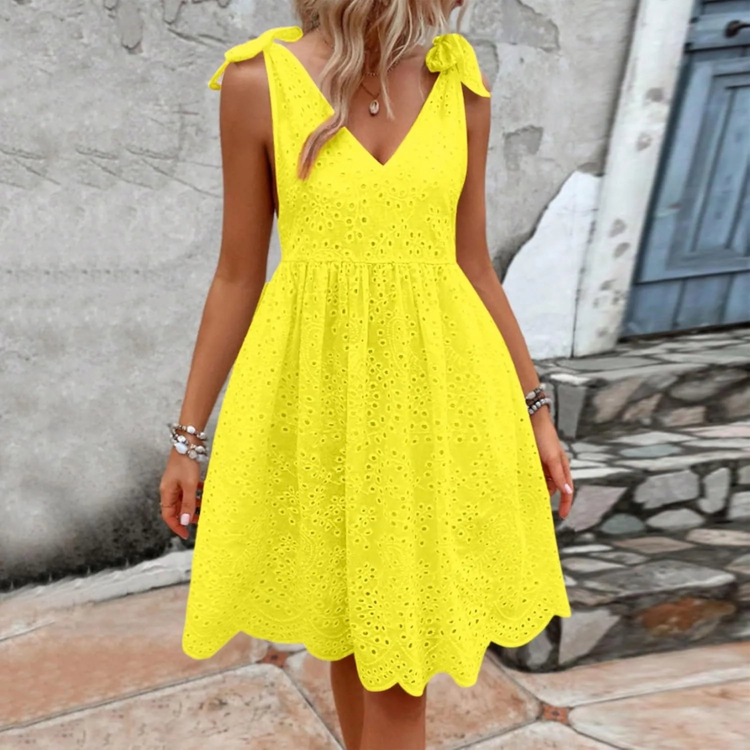 Summer Dresses for Women Tie Front Smocked Dress Empire Waist Ruffle Tiered Sundress Casual Swing Mini Dresses