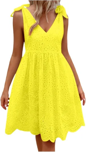 Summer Dresses for Women Tie Front Smocked Dress Empire Waist Ruffle Tiered Sundress Casual Swing Mini Dresses