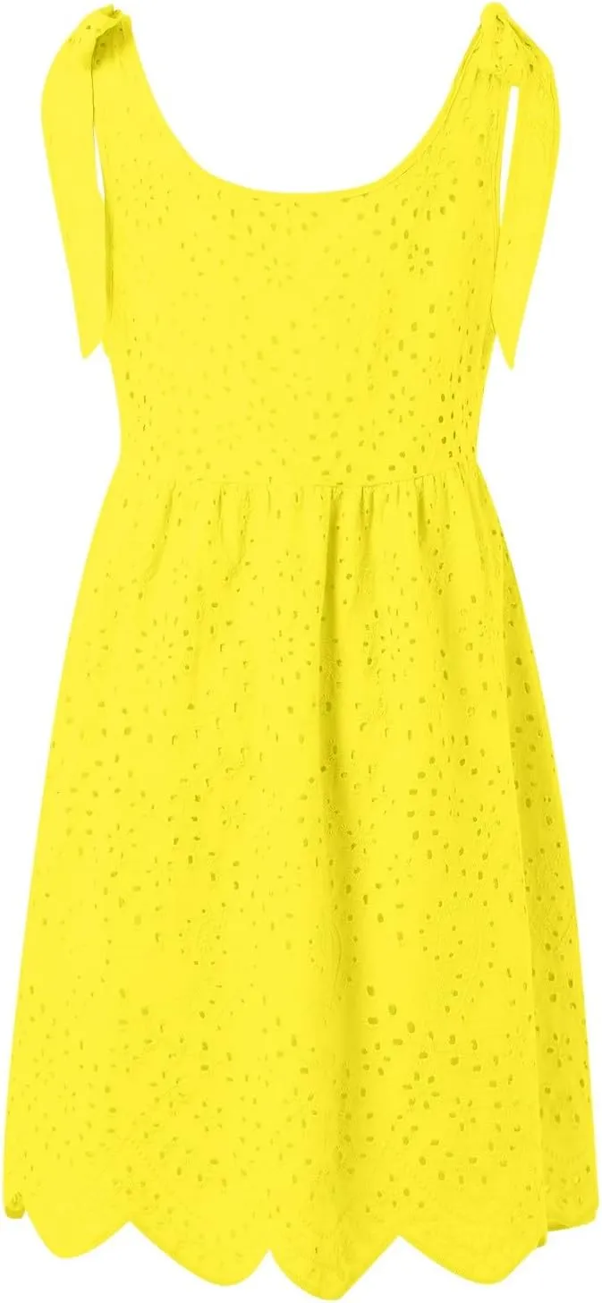 Summer Dresses for Women Tie Front Smocked Dress Empire Waist Ruffle Tiered Sundress Casual Swing Mini Dresses
