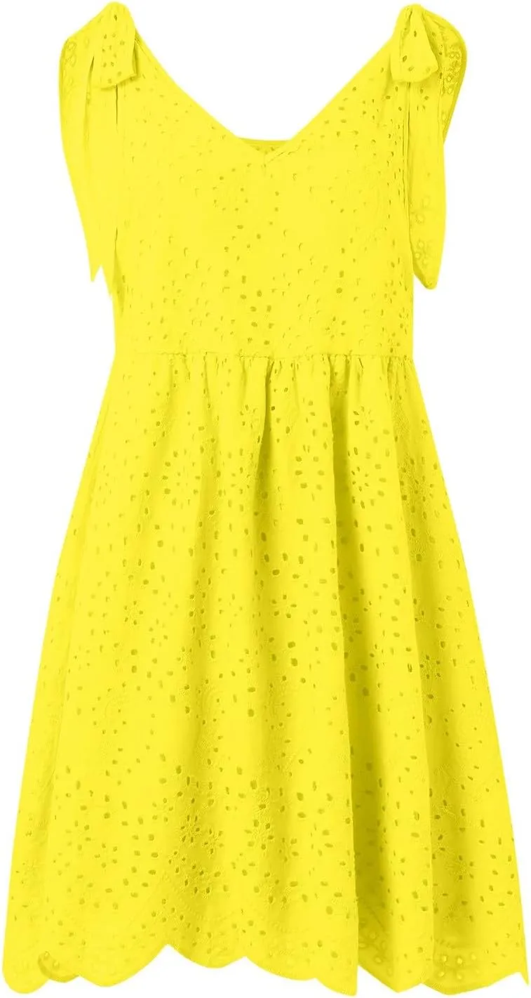 Summer Dresses for Women Tie Front Smocked Dress Empire Waist Ruffle Tiered Sundress Casual Swing Mini Dresses