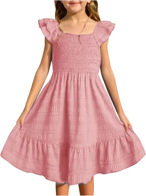 Summer Girl's Dresses Solid Square Neck Sleeveless Mini Dress Ruffle Waisted Fashion Loose Dress for Kids 3-13 Years