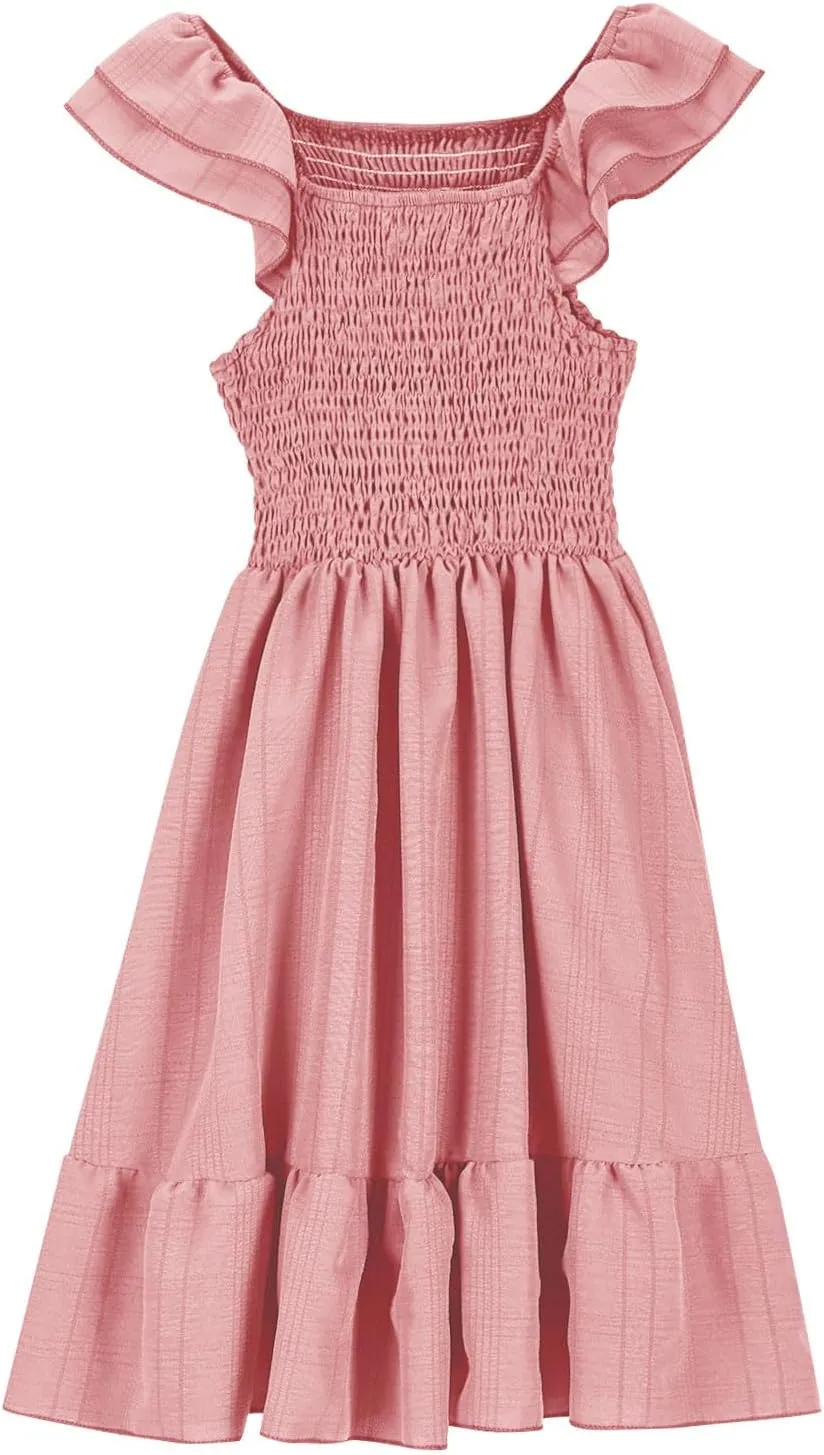 Summer Girl's Dresses Solid Square Neck Sleeveless Mini Dress Ruffle Waisted Fashion Loose Dress for Kids 3-13 Years