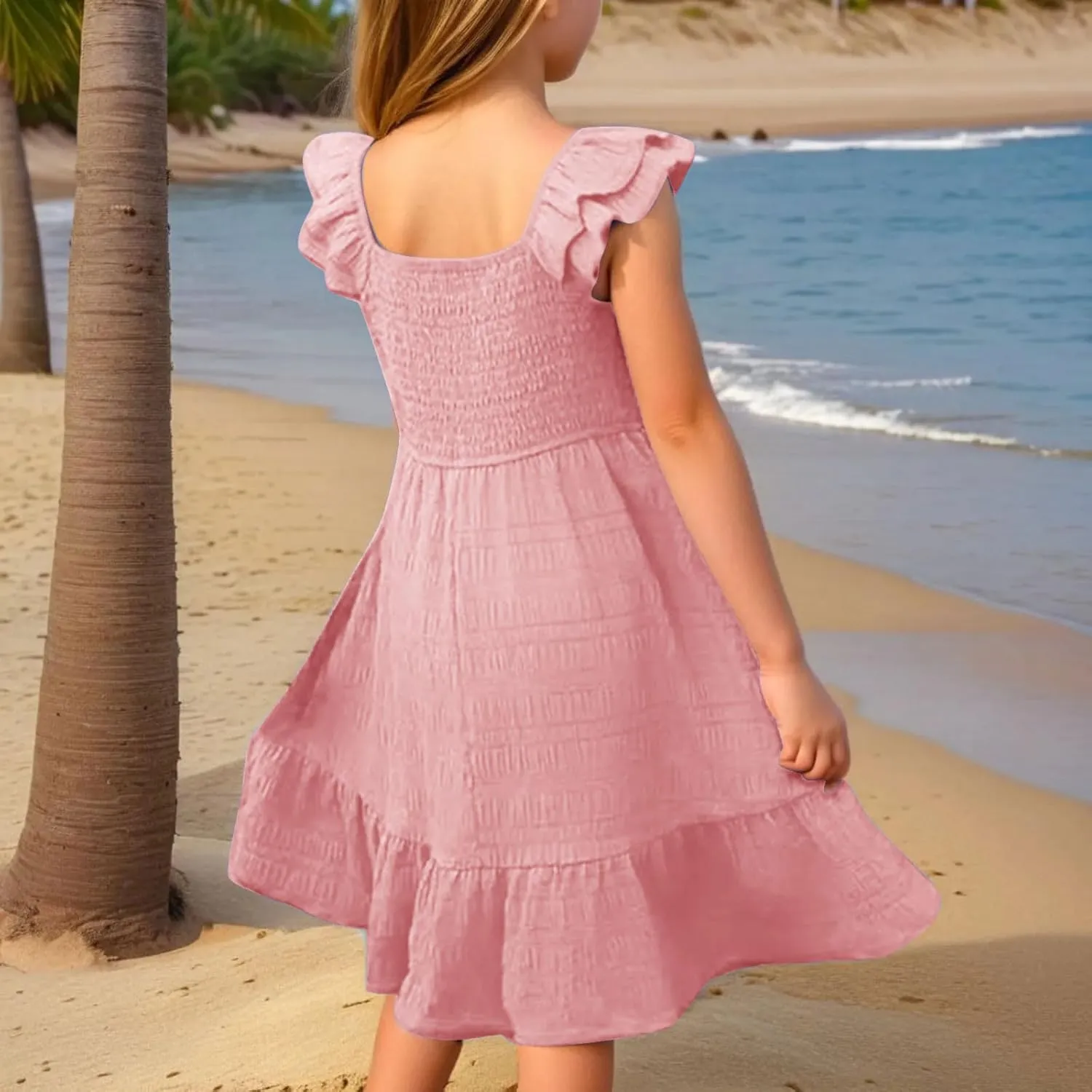 Summer Girl's Dresses Solid Square Neck Sleeveless Mini Dress Ruffle Waisted Fashion Loose Dress for Kids 3-13 Years