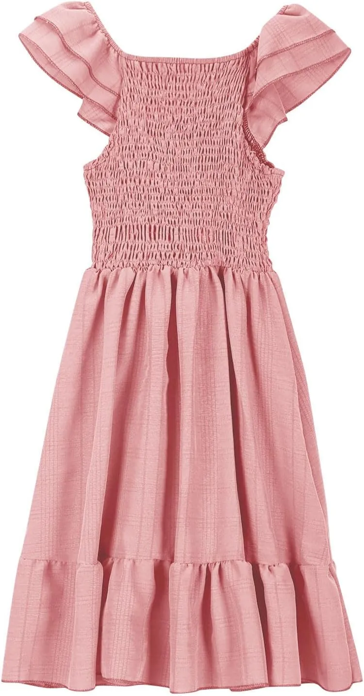 Summer Girl's Dresses Solid Square Neck Sleeveless Mini Dress Ruffle Waisted Fashion Loose Dress for Kids 3-13 Years
