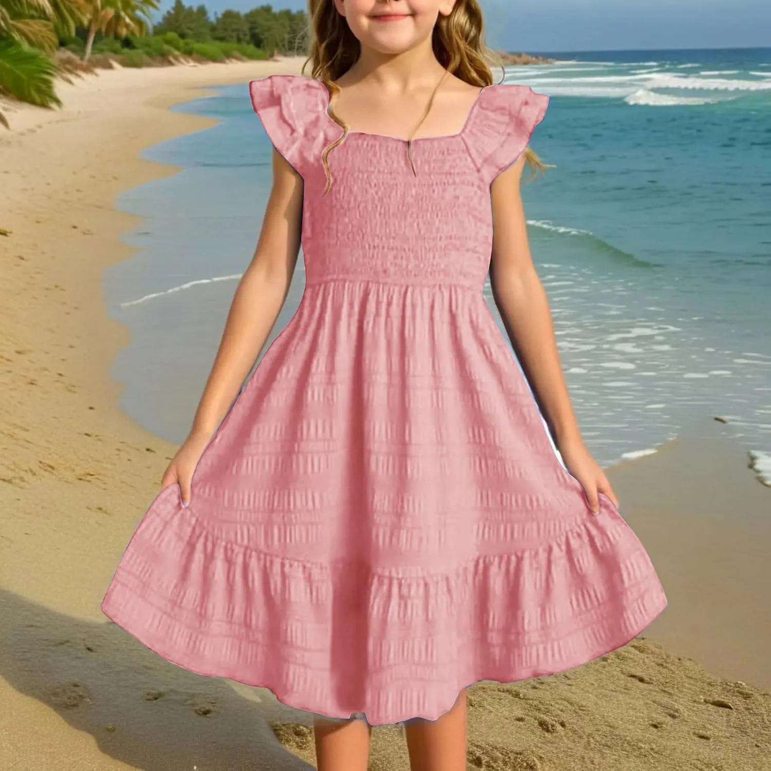 Summer Girl's Dresses Solid Square Neck Sleeveless Mini Dress Ruffle Waisted Fashion Loose Dress for Kids 3-13 Years