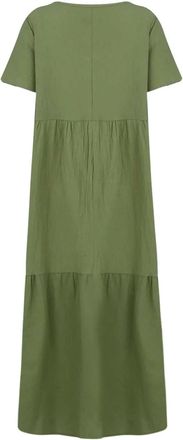 Summer Maxi Linen Dresses for Women 2025 Plus Size Long Flowy Smocked Tiered Short Sleeve V Neck Beach Dress Frocks