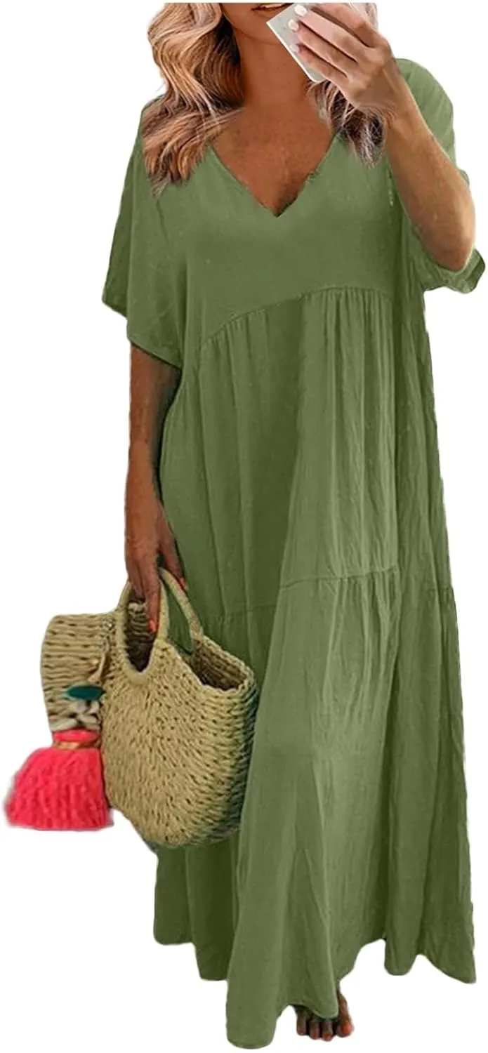 Summer Maxi Linen Dresses for Women 2025 Plus Size Long Flowy Smocked Tiered Short Sleeve V Neck Beach Dress Frocks