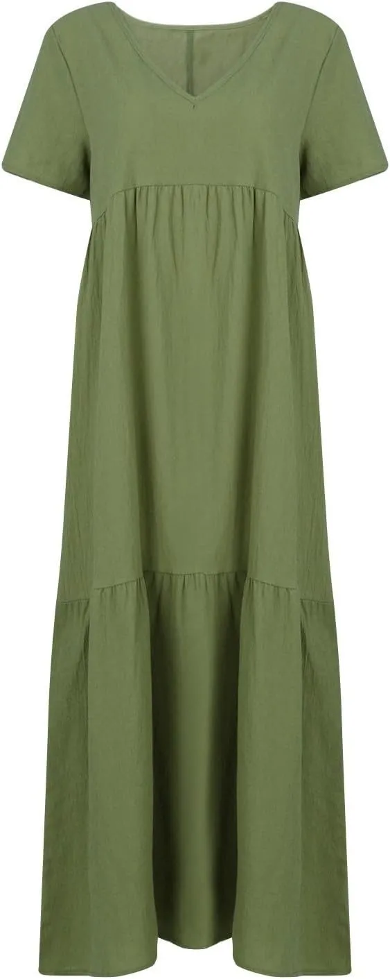 Summer Maxi Linen Dresses for Women 2025 Plus Size Long Flowy Smocked Tiered Short Sleeve V Neck Beach Dress Frocks
