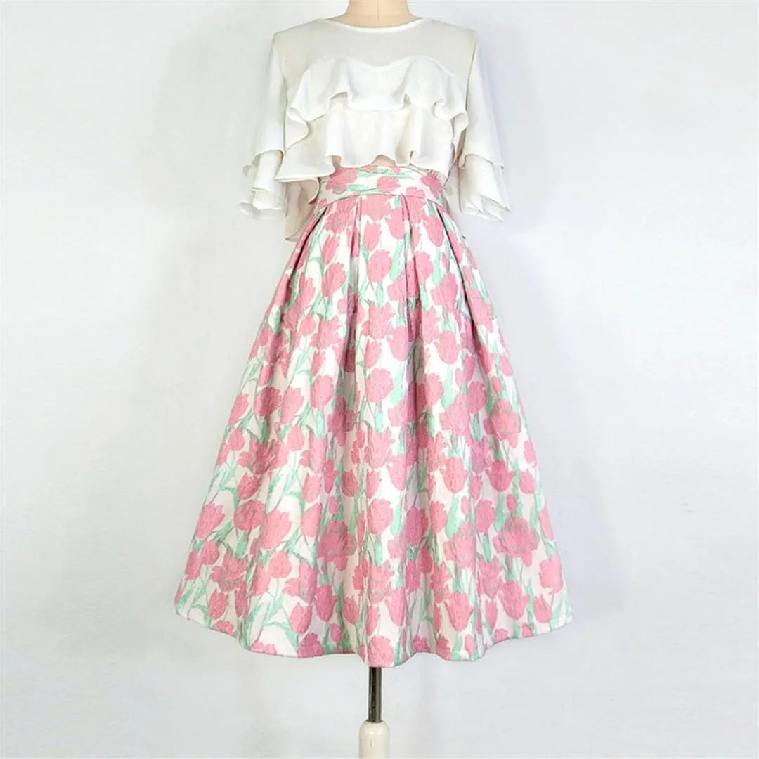 Summer Vintage Small Fresh Mori Floral Embroidery High Waist Long Pleated Midi Skirt