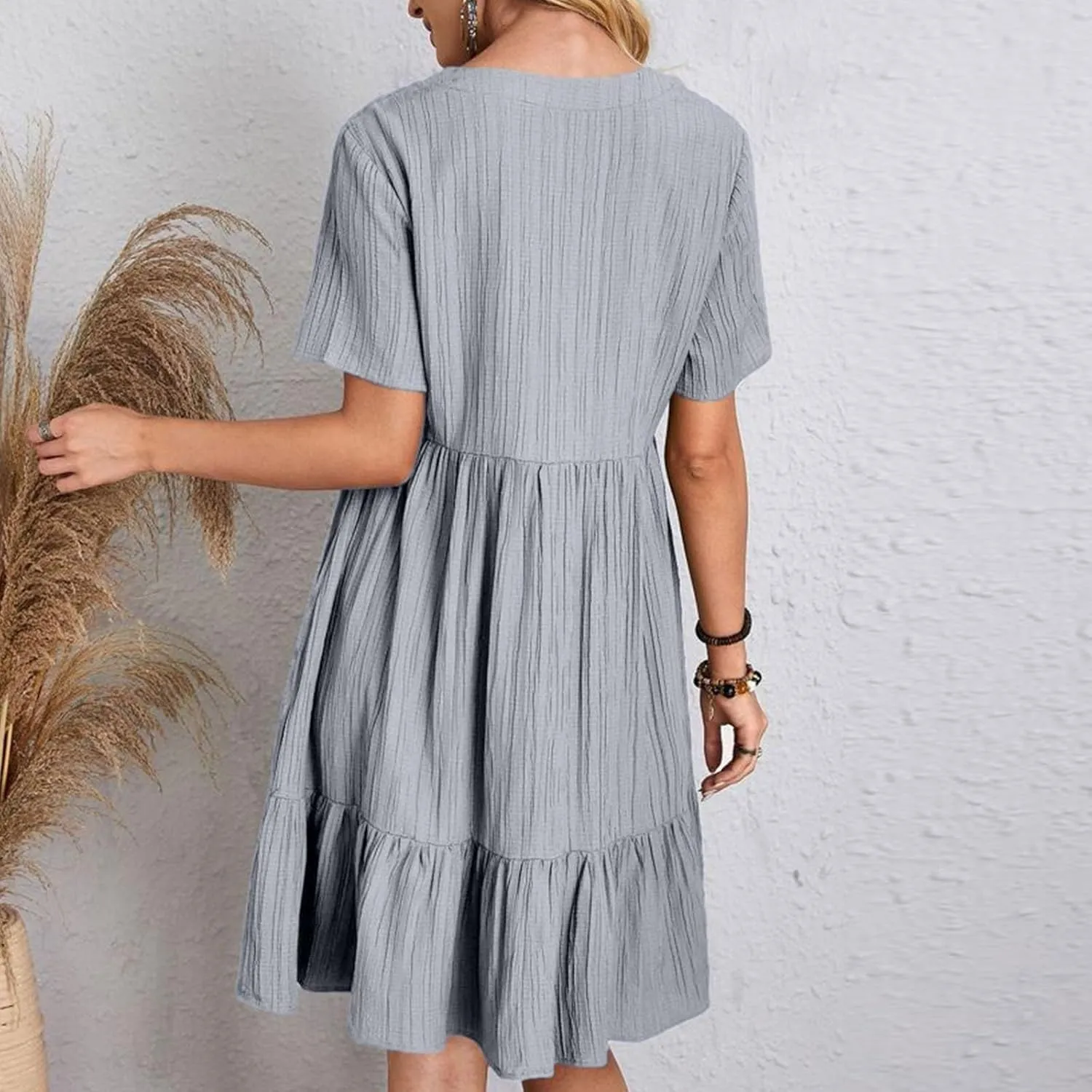 Sundresses for Women 2025 Women's Knee Length Flowy Dresses with Short Sleeves Womens Vneck Ruffle Mini Dress