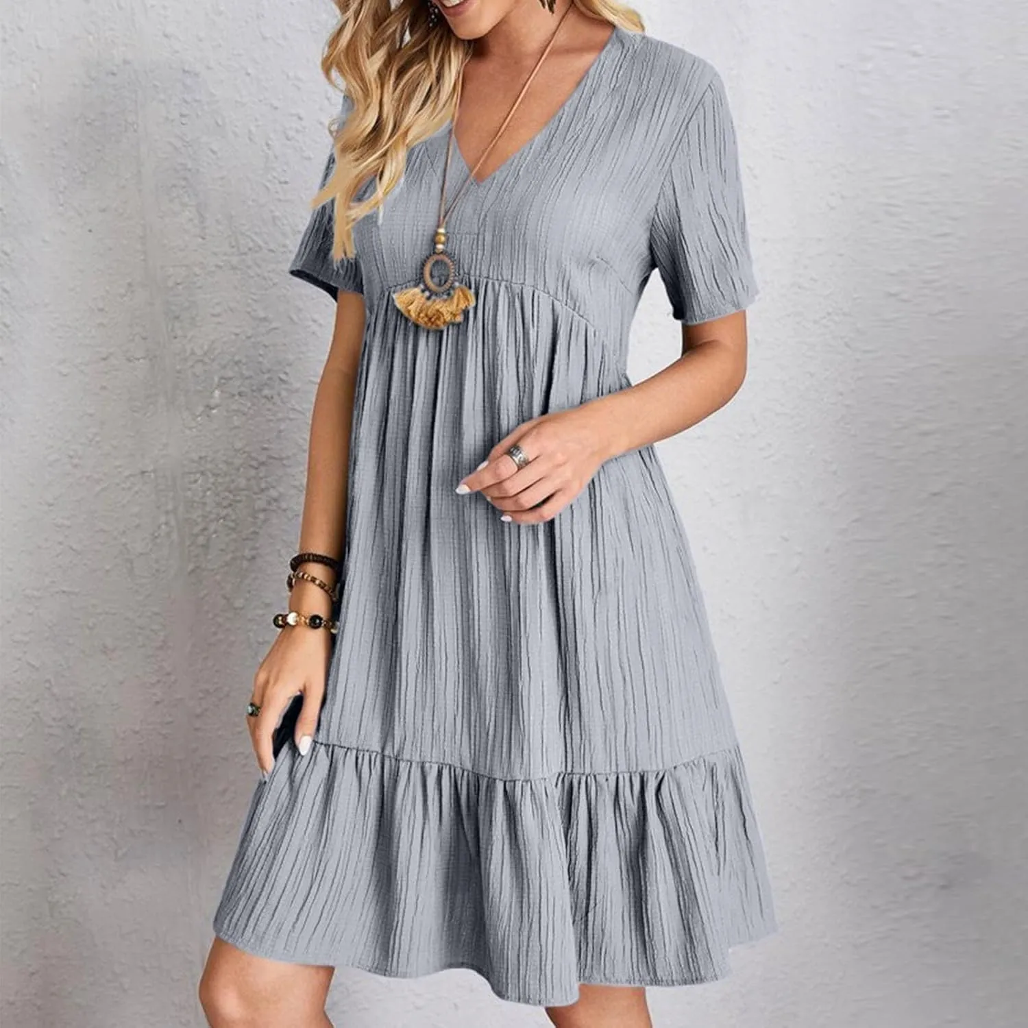 Sundresses for Women 2025 Women's Knee Length Flowy Dresses with Short Sleeves Womens Vneck Ruffle Mini Dress