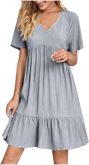Sundresses for Women 2025 Women's Knee Length Flowy Dresses with Short Sleeves Womens Vneck Ruffle Mini Dress