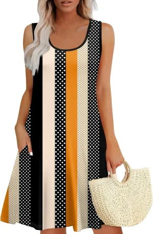 Sundresses for Women Casual Summer Mini Dress Scoop Neck Beach Flowy Loose Wedding Guest Dress Tank Dress with Pockets