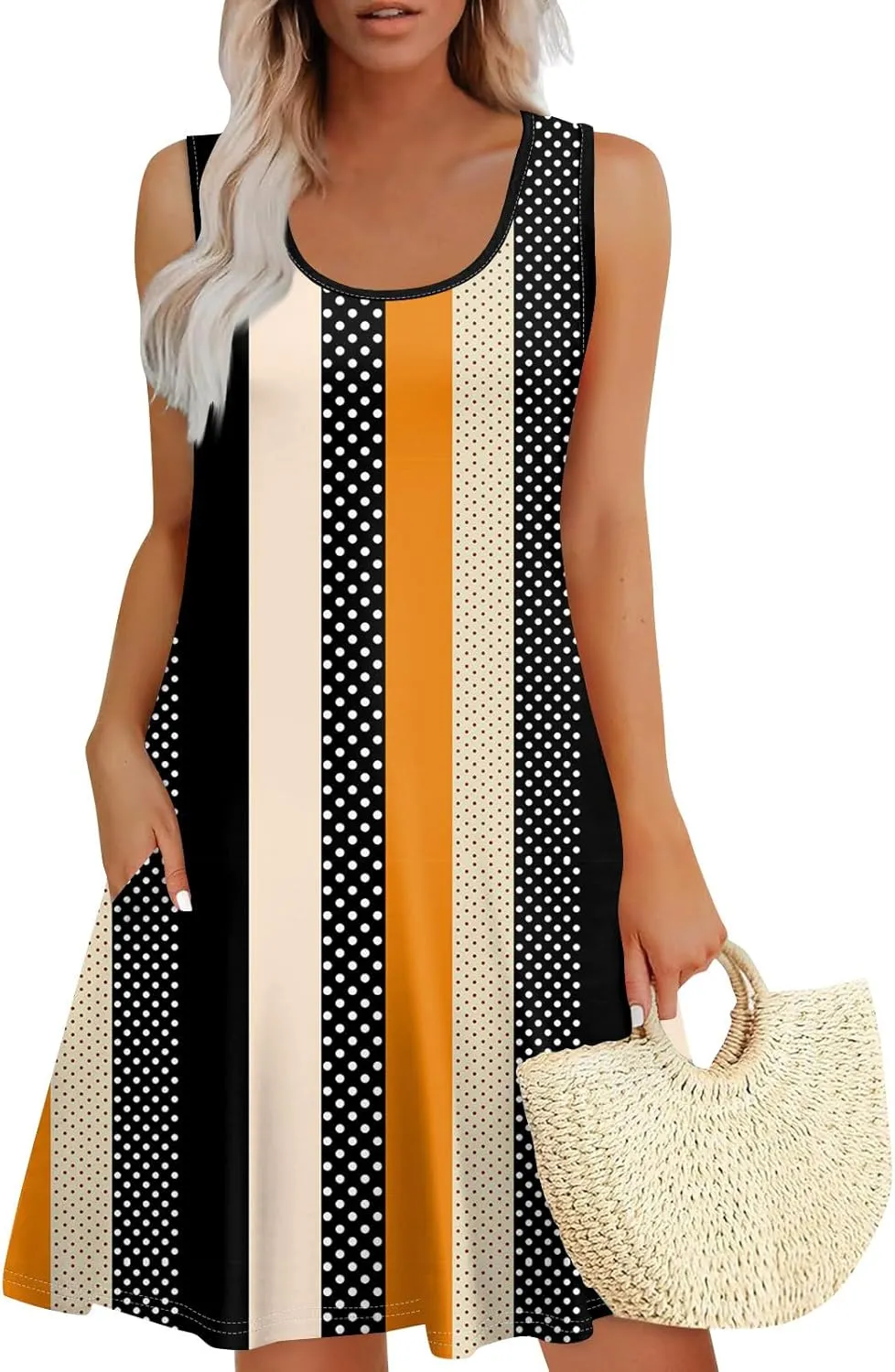 Sundresses for Women Casual Summer Mini Dress Scoop Neck Beach Flowy Loose Wedding Guest Dress Tank Dress with Pockets
