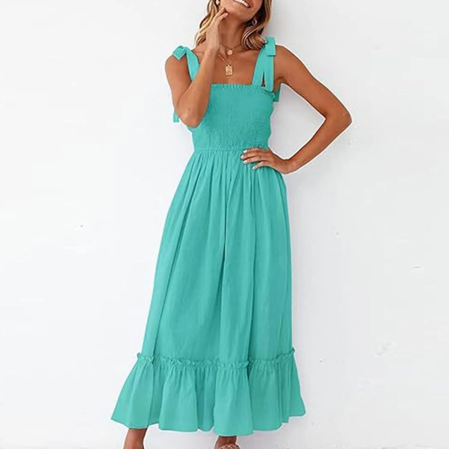 Sundresses for Women Fashion Strap Square Neck Sleeveless Summer Dresses Casual Beach Vacation Long Maxi A Line Dress