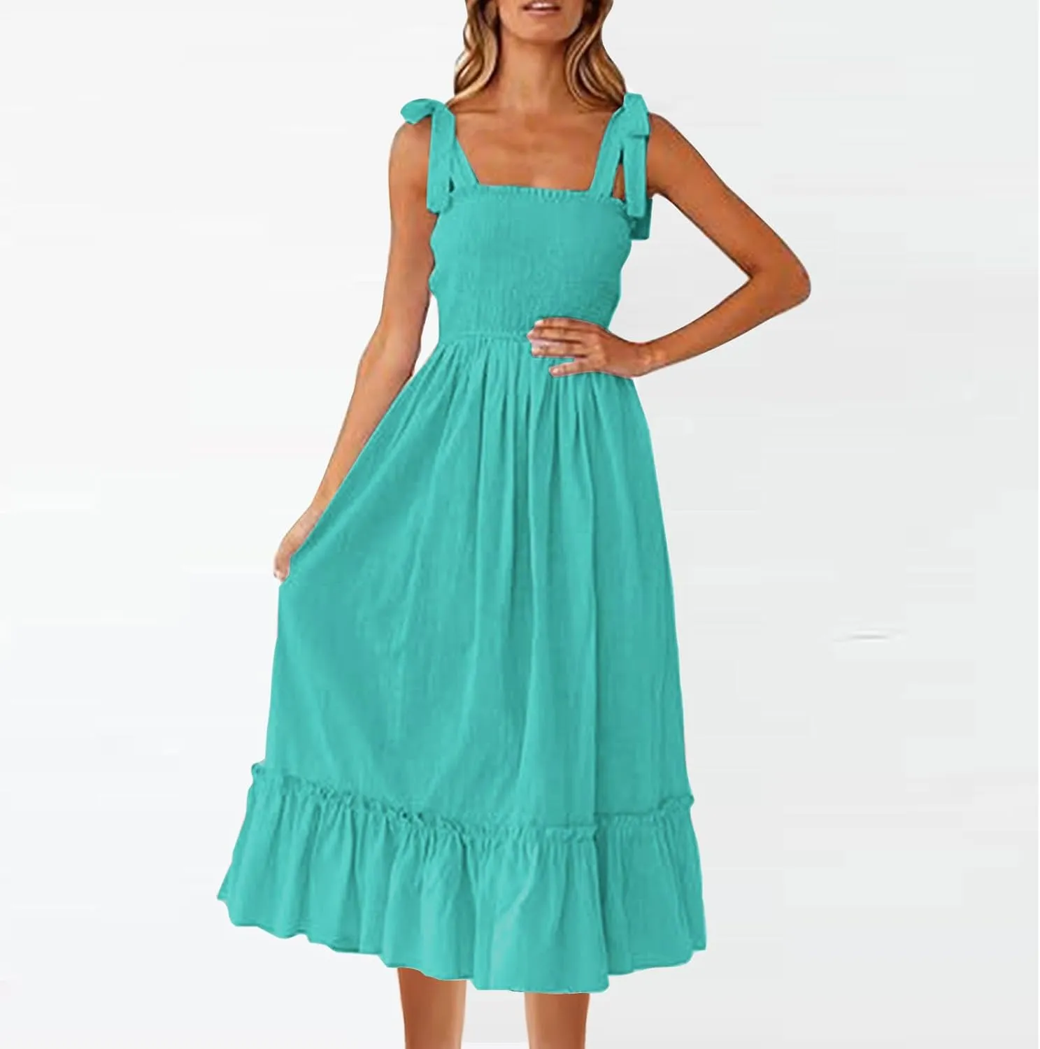Sundresses for Women Fashion Strap Square Neck Sleeveless Summer Dresses Casual Beach Vacation Long Maxi A Line Dress