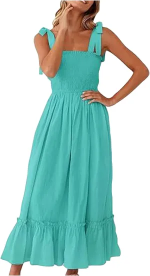 Sundresses for Women Fashion Strap Square Neck Sleeveless Summer Dresses Casual Beach Vacation Long Maxi A Line Dress