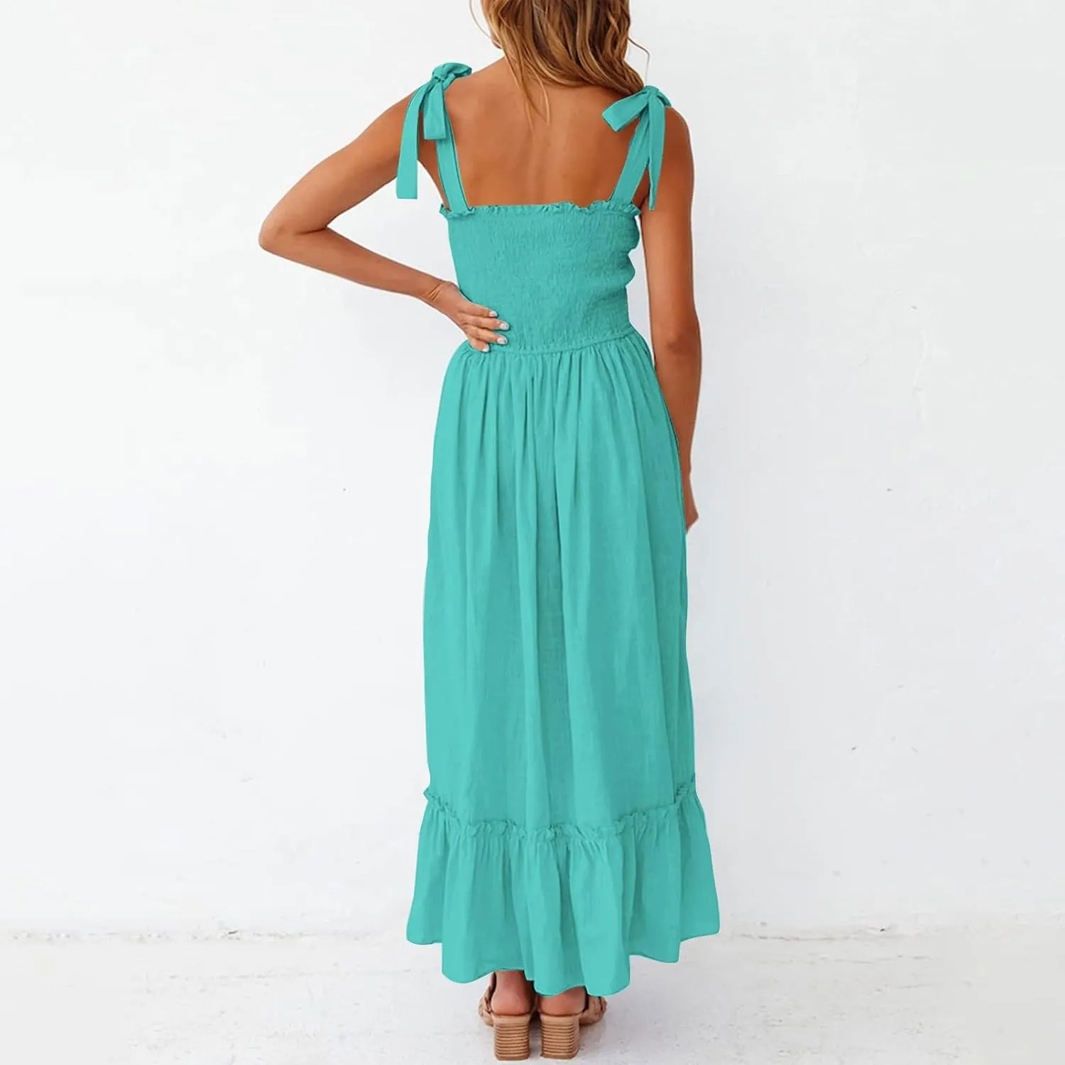 Sundresses for Women Fashion Strap Square Neck Sleeveless Summer Dresses Casual Beach Vacation Long Maxi A Line Dress