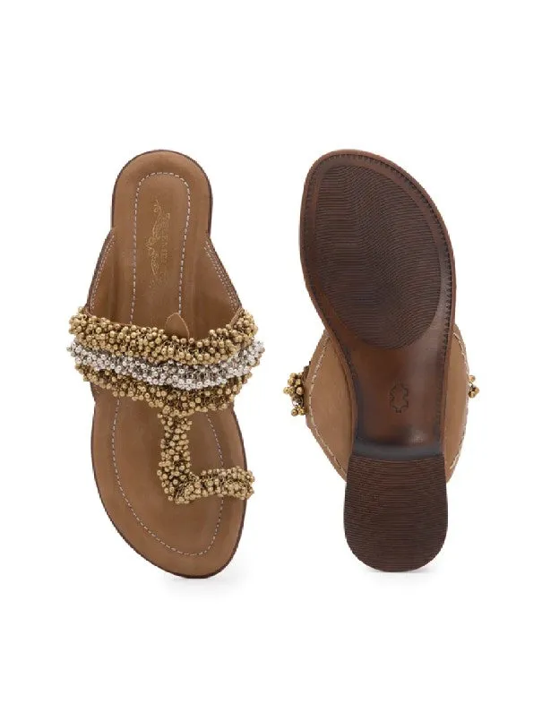 Tan Gold & Silver Ghungroo Embellished Kolhapuri Flats