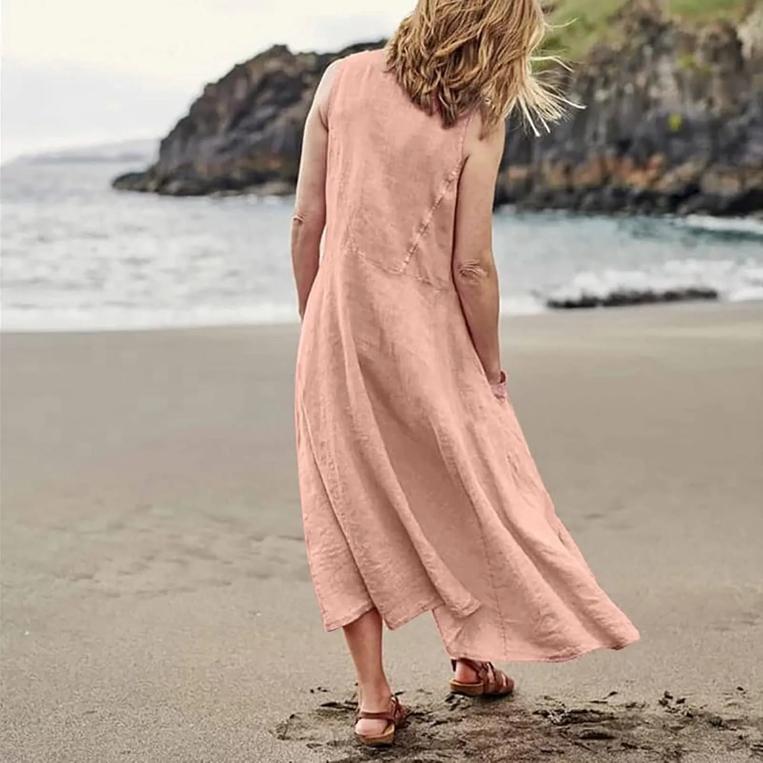 Tank Dresses for Women 2025 Casual Cotton Linen Beach Boho Sundresses Plus Size Sleeveless Loose Dress with Pockets