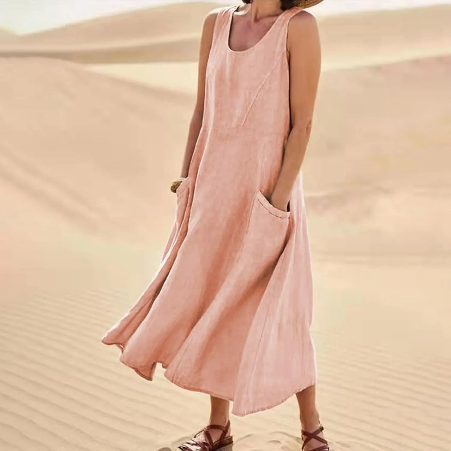 Tank Dresses for Women 2025 Casual Cotton Linen Beach Boho Sundresses Plus Size Sleeveless Loose Dress with Pockets