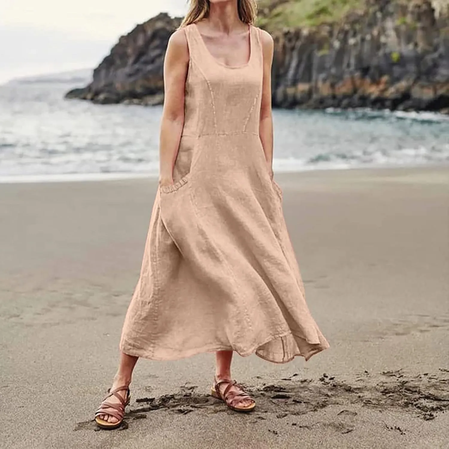 Tank Dresses for Women 2025 Casual Cotton Linen Beach Boho Sundresses Plus Size Sleeveless Loose Dress with Pockets