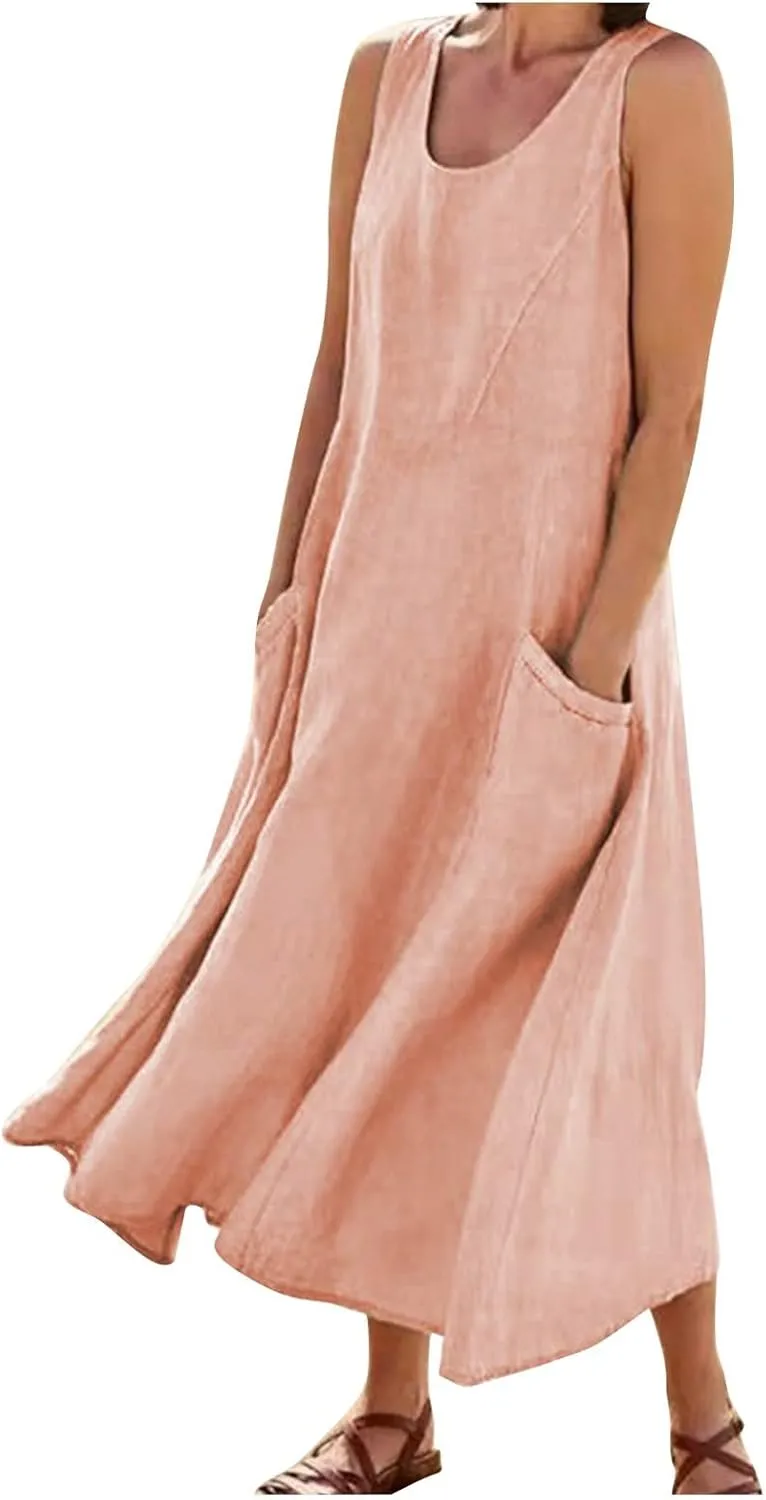 Tank Dresses for Women 2025 Casual Cotton Linen Beach Boho Sundresses Plus Size Sleeveless Loose Dress with Pockets