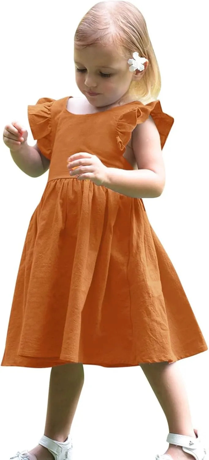 Toddler Linen Dress Baby Girls Ruffle Sleeveless Casual Party Dresses Summer Beach Sundress Mini Dresses