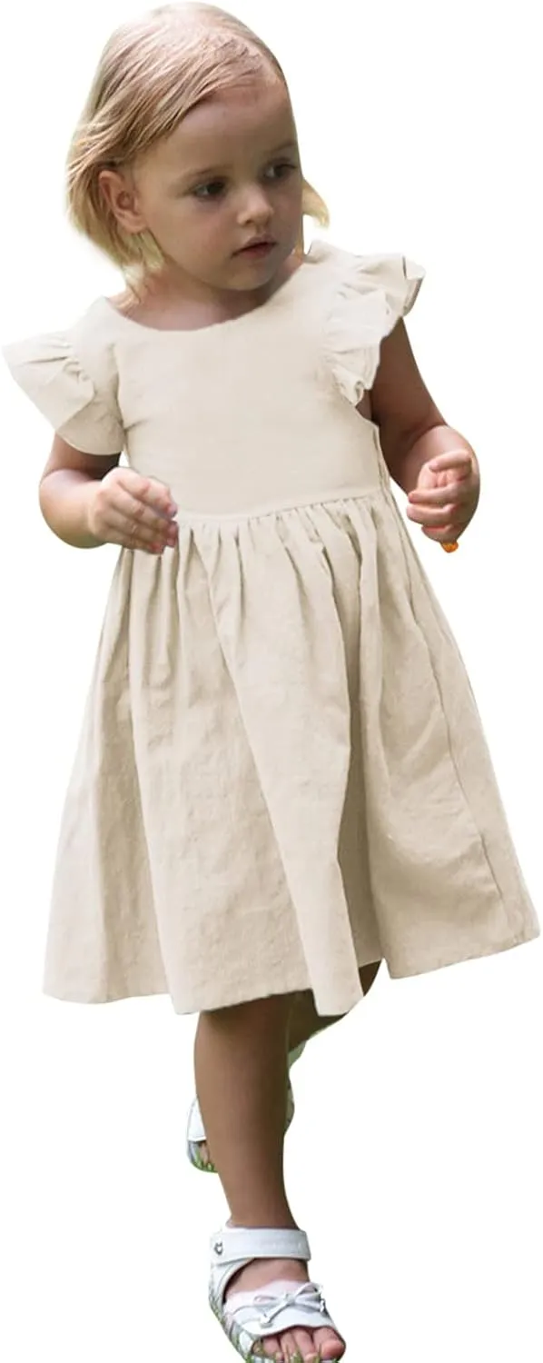 Toddler Linen Dress Baby Girls Ruffle Sleeveless Casual Party Dresses Summer Beach Sundress Mini Dresses