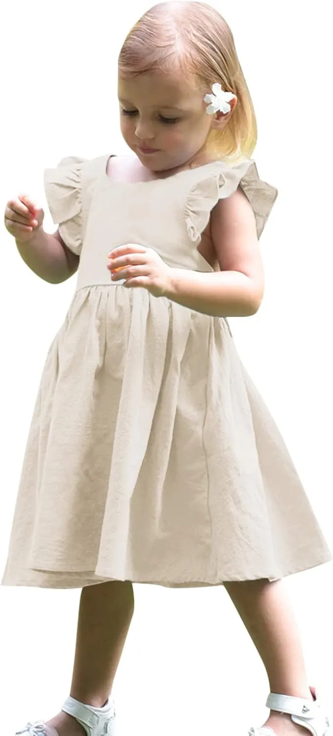 Toddler Linen Dress Baby Girls Ruffle Sleeveless Casual Party Dresses Summer Beach Sundress Mini Dresses
