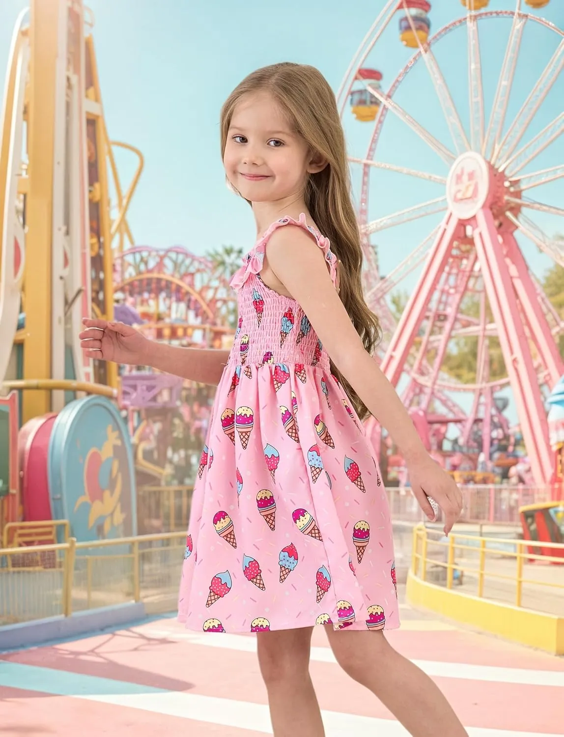 Toddler Little Girls Summer Dresses Floral Ruffle Sleeve A-Line Sundress Smocked Swing Birthday Outfits Dress 2-7 Years