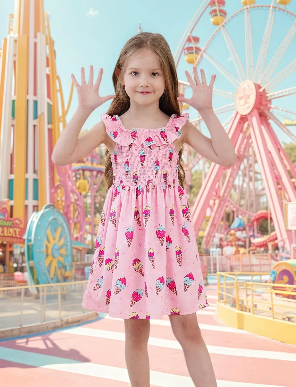 Toddler Little Girls Summer Dresses Floral Ruffle Sleeve A-Line Sundress Smocked Swing Birthday Outfits Dress 2-7 Years
