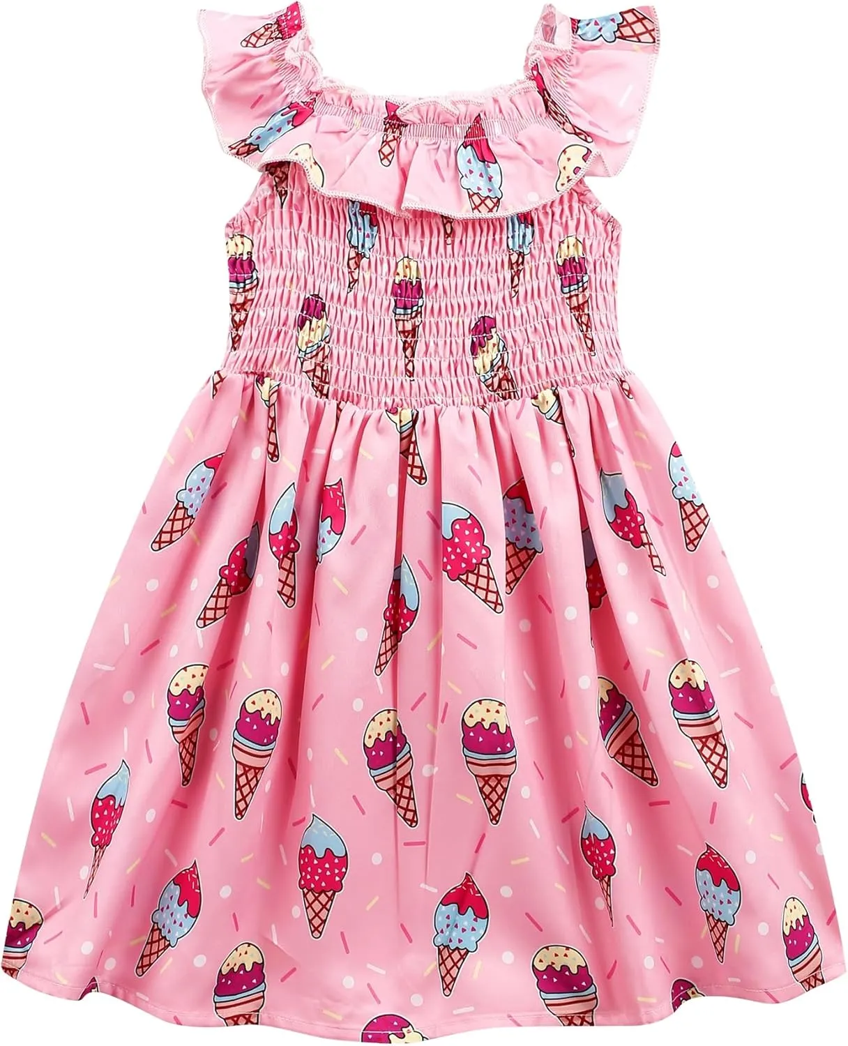 Toddler Little Girls Summer Dresses Floral Ruffle Sleeve A-Line Sundress Smocked Swing Birthday Outfits Dress 2-7 Years