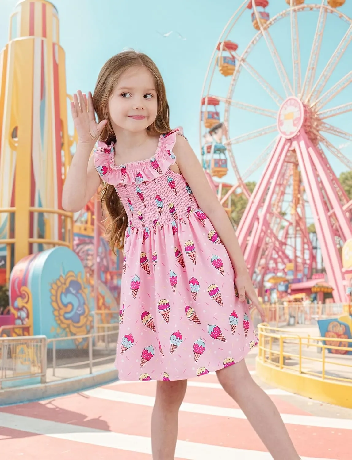 Toddler Little Girls Summer Dresses Floral Ruffle Sleeve A-Line Sundress Smocked Swing Birthday Outfits Dress 2-7 Years