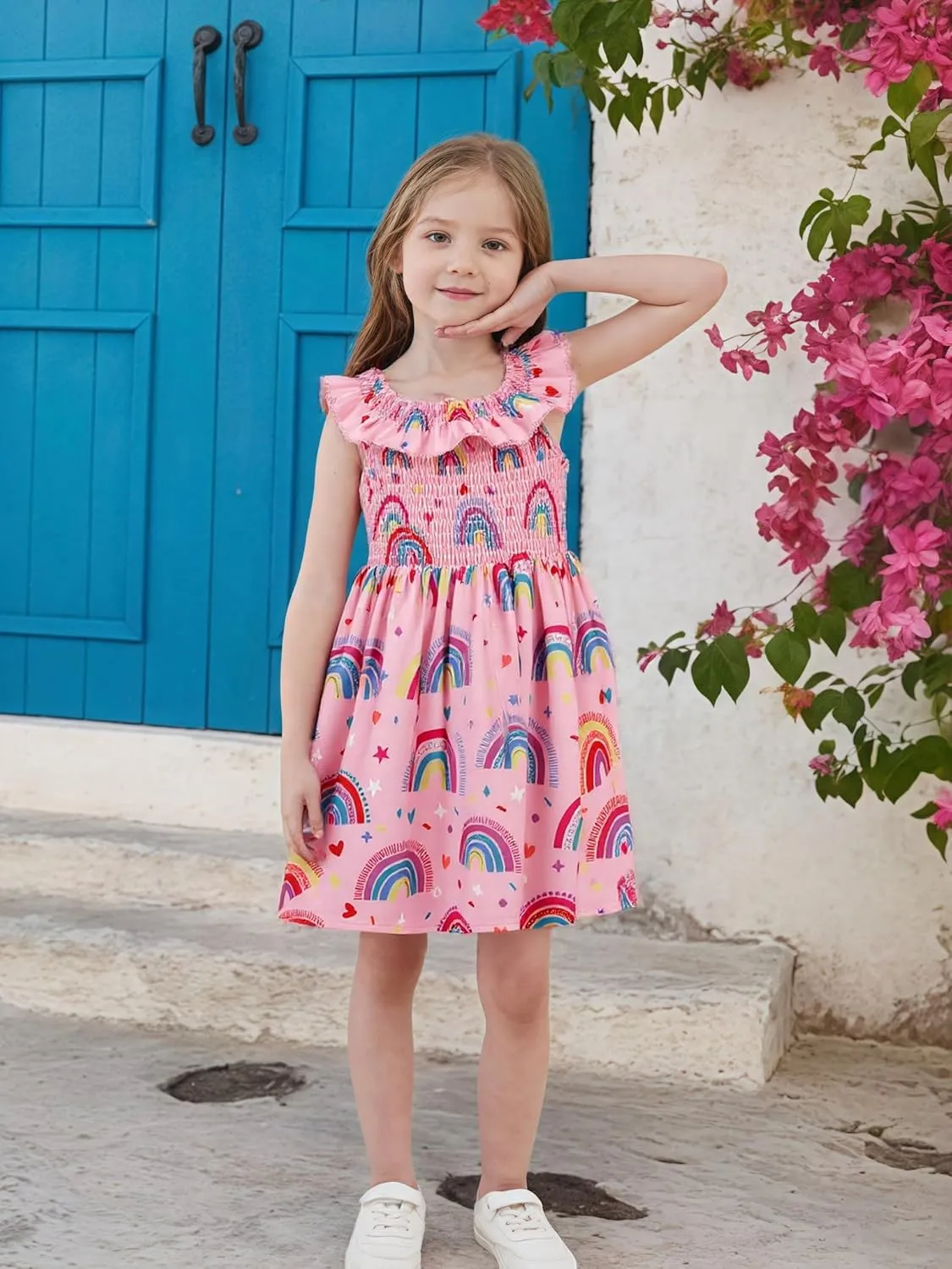 Toddler Little Girls Summer Dresses Floral Ruffle Sleeve A-Line Sundress Smocked Swing Birthday Outfits Dress 2-7 Years