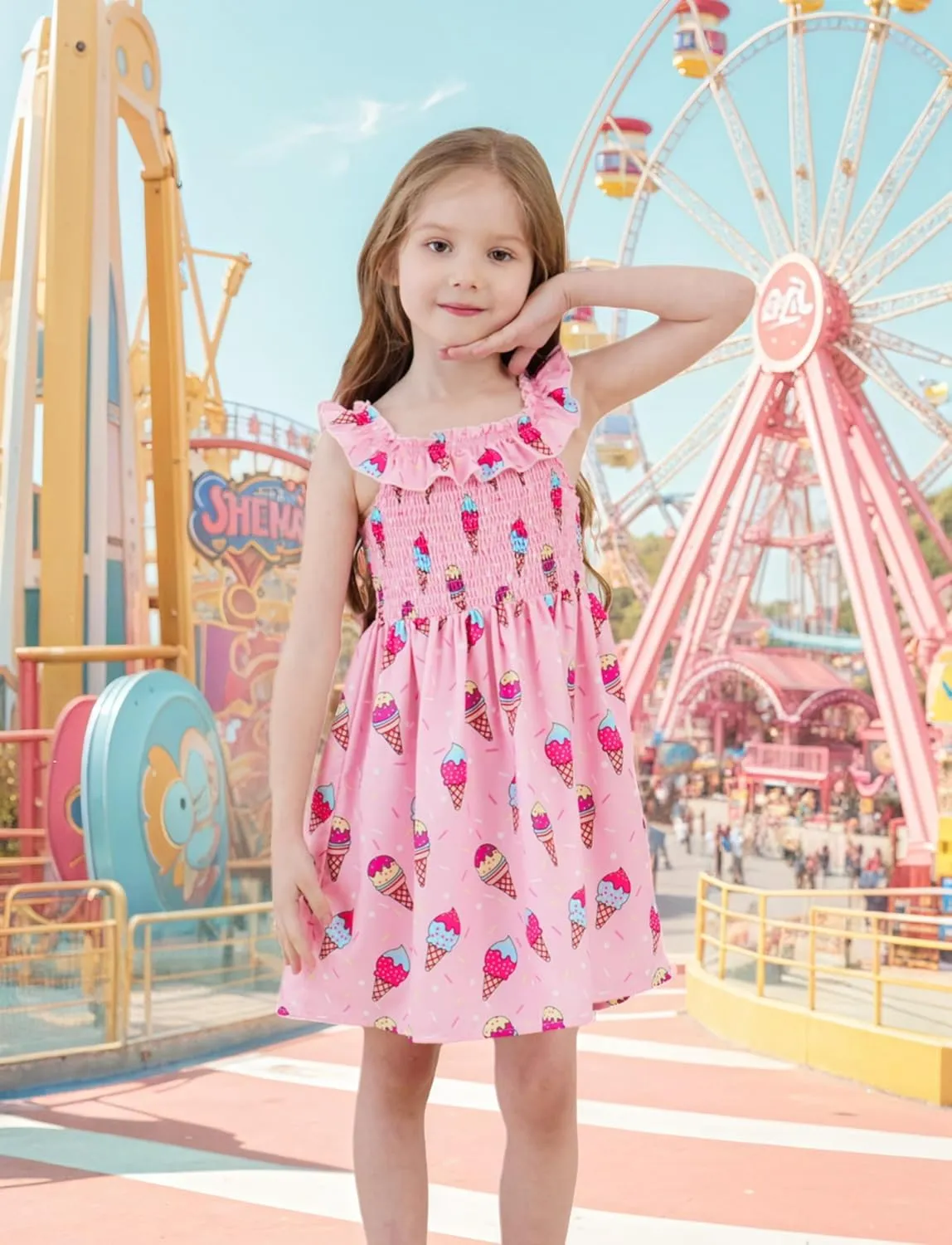 Toddler Little Girls Summer Dresses Floral Ruffle Sleeve A-Line Sundress Smocked Swing Birthday Outfits Dress 2-7 Years