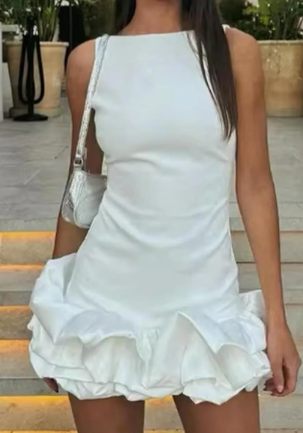 Unybwonn Women Ruffle Bubble Mini Dress Sleeveless Ruched Hem Bodycon Dresses a Line Mock Neck Tank Short Dress